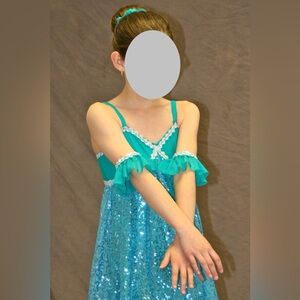 Revolution green & blue dress dance costume with arms and head piece - child med